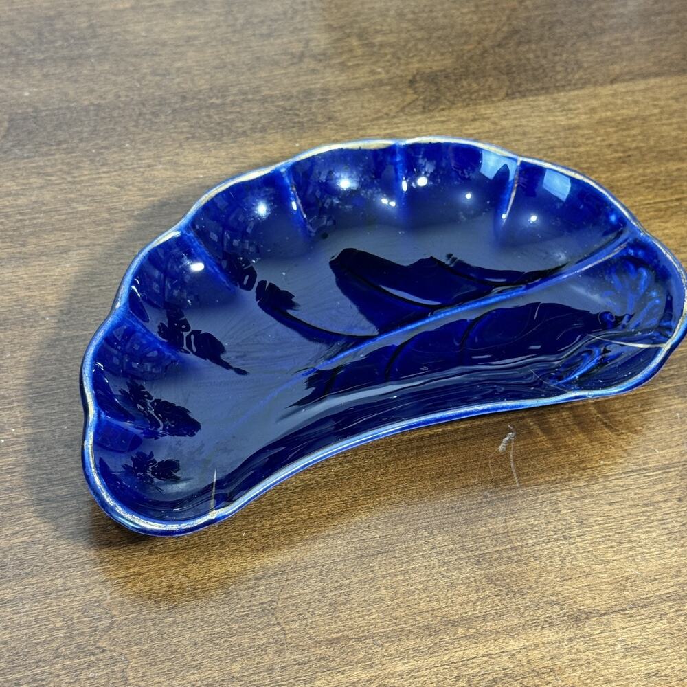 Vintage Cobalt Blue Ceramic Leaf Dish Gold Trim Bone Dish Trinket